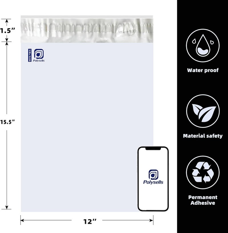 POLYSELLS 200 pcs 12x15.5 Inches White (Silver) Poly Mailers Shipping Envelopes, Strong Adhesive Sealing, Waterproof, and Tear-resistant Postal Mailing Bags for Small Business, Clothes - Image 2